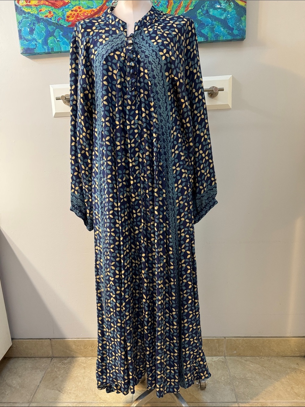 Natalie Martin Navy Maxi Dress with Cream Leaf Print and Teal Trim Silk Sz.M